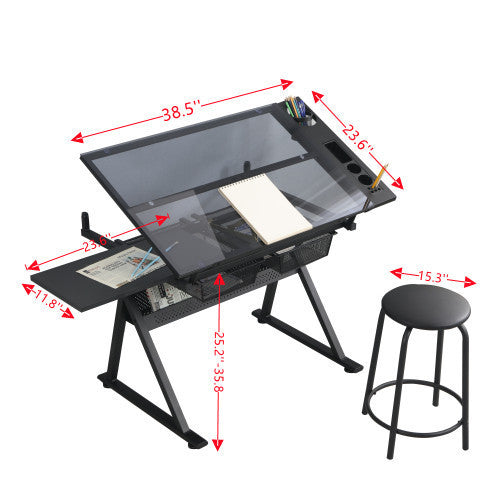 Elevate Your Creative Oasis with Our Adjustable Glass Top Drafting Table and Complementary Chair!