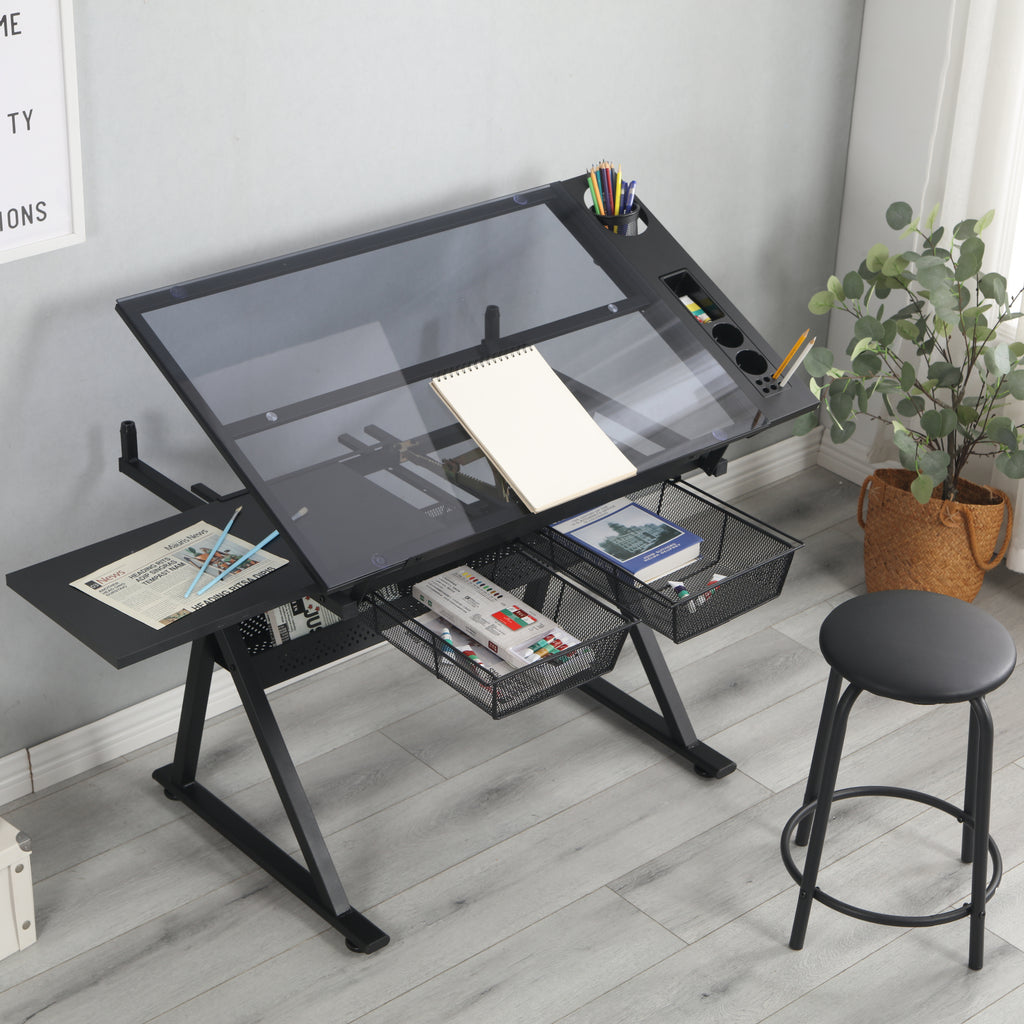 Elevate Your Creative Oasis with Our Adjustable Glass Top Drafting Table and Complementary Chair!